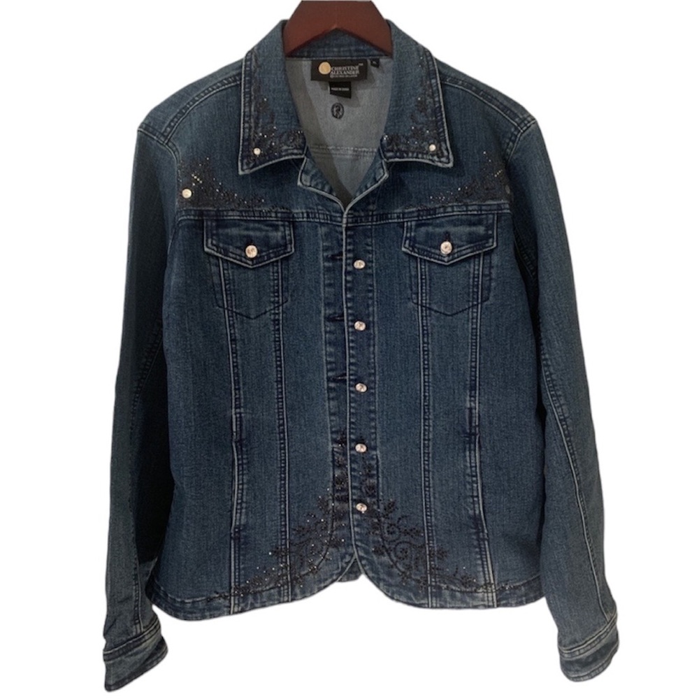 Christine Alexander Blue Denim Embellished Blk Beading Jacket XLg